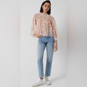NEW FRENCH CONNECTION- Flowy Mock Neck Blouse with sheer arms in floral print